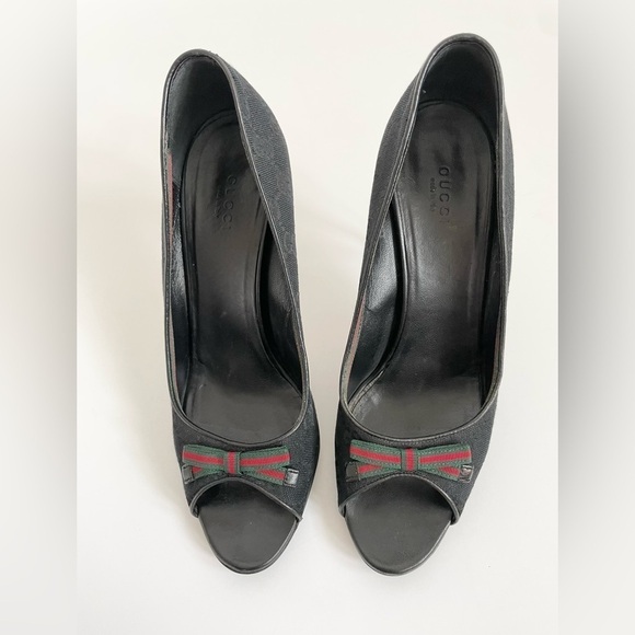Gucci Black Canvas Leather lined Guccisima GG logo web bow peep toe pumps EU39.5 - Picture 3 of 14